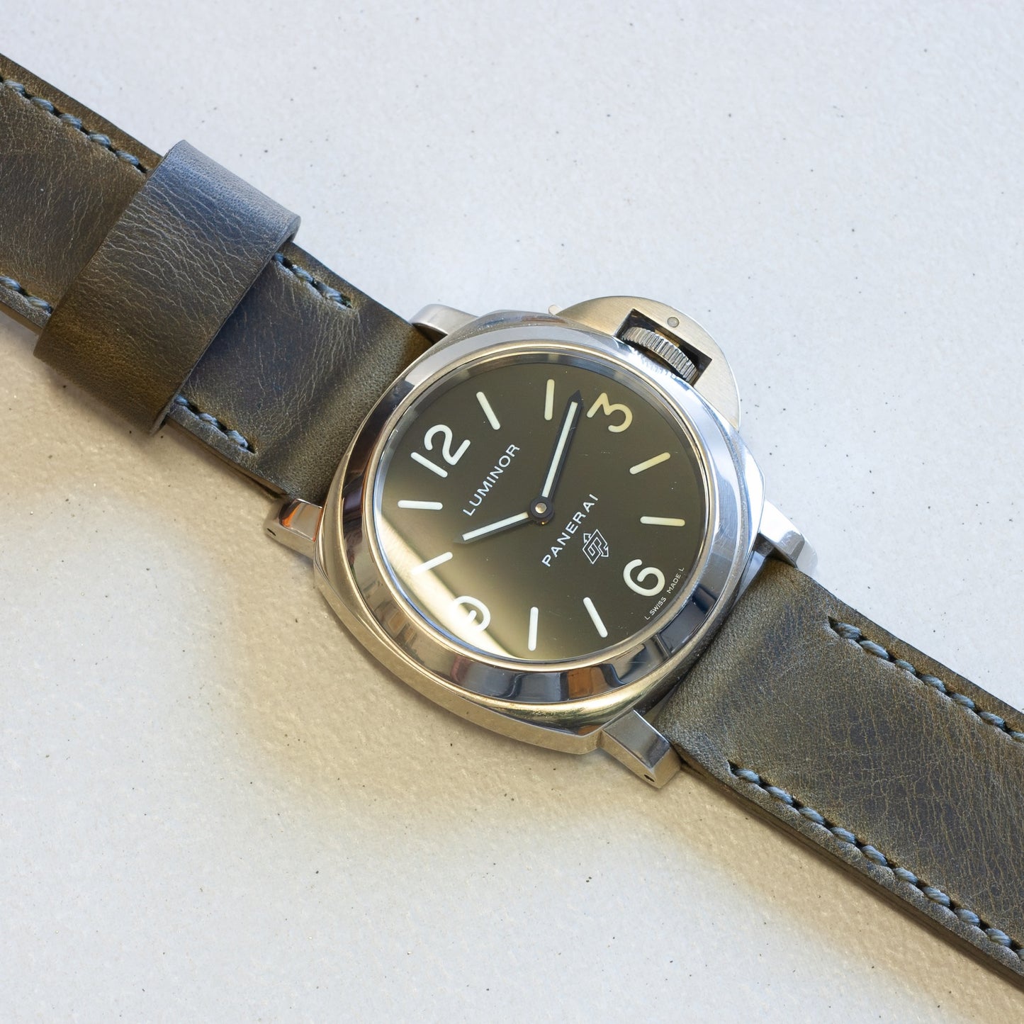 Panerai Luminor Zero on Gunpowder leather strap with grey stitching