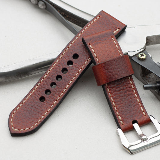 Redwood leather watch strap with natural stitching and polished steel buckle