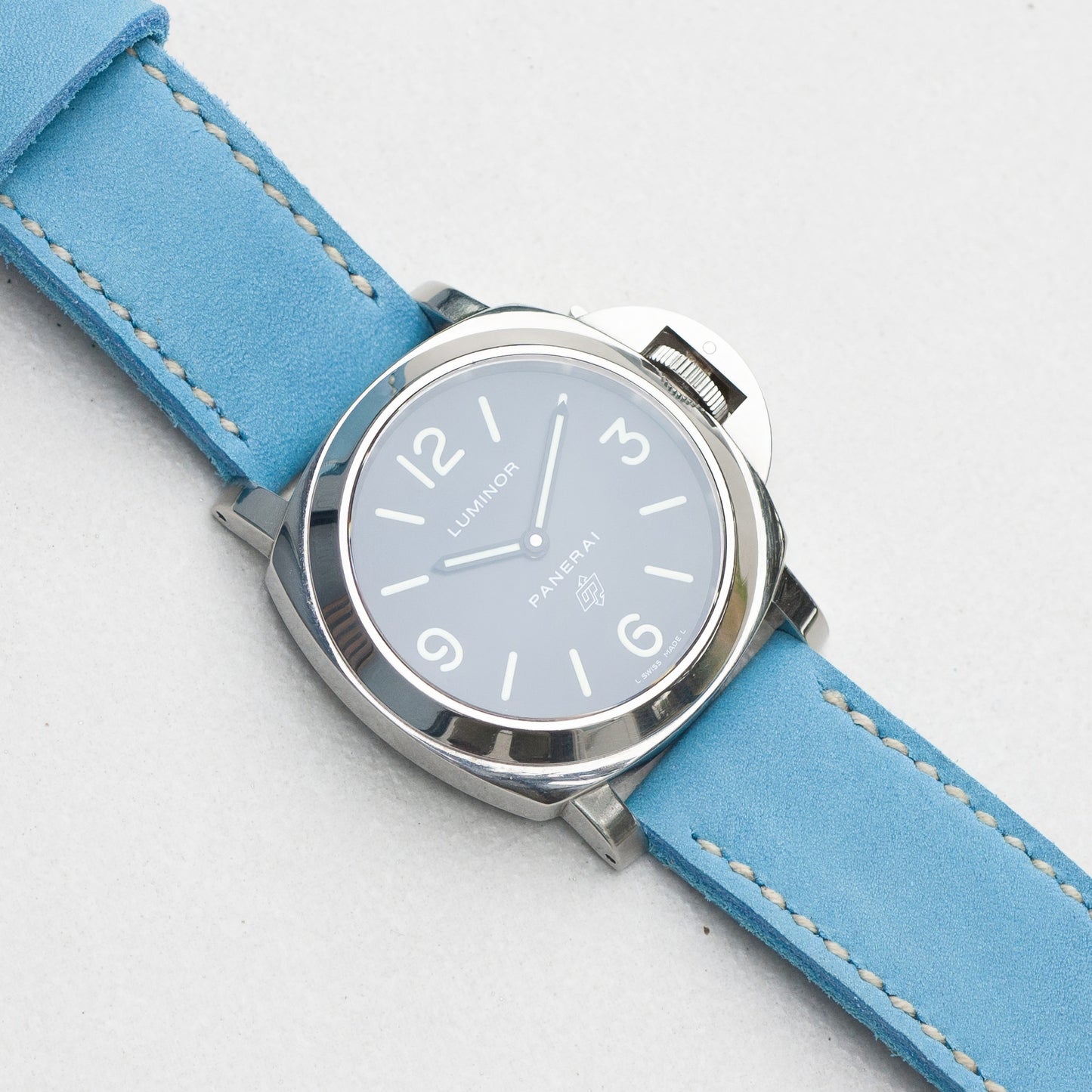 Panerai Luminor Zero on Sky Blue leather strap with white stitching
