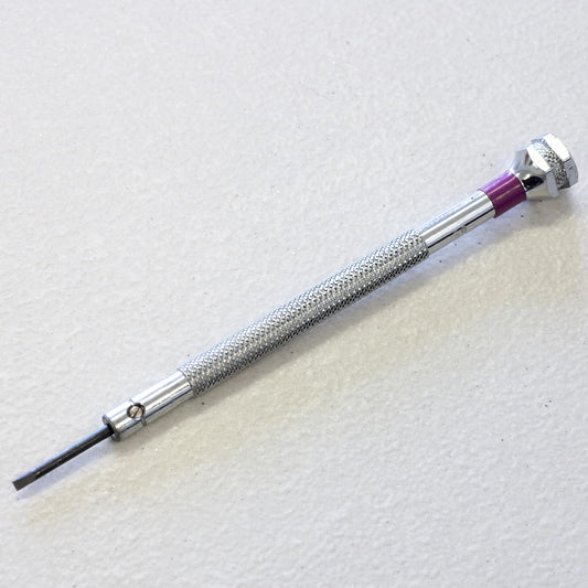 A precision screwdriver with a textured silver metal handle and a purple accent ring, shown diagonally on a light textured background.