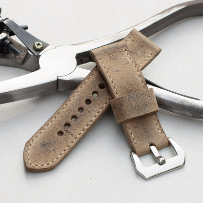 African Kudu leather watch strap with natural stitching and polished steel buckle