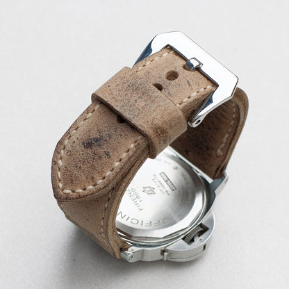 African Kudu leather watch strap with natural stitching and polished steel buckle