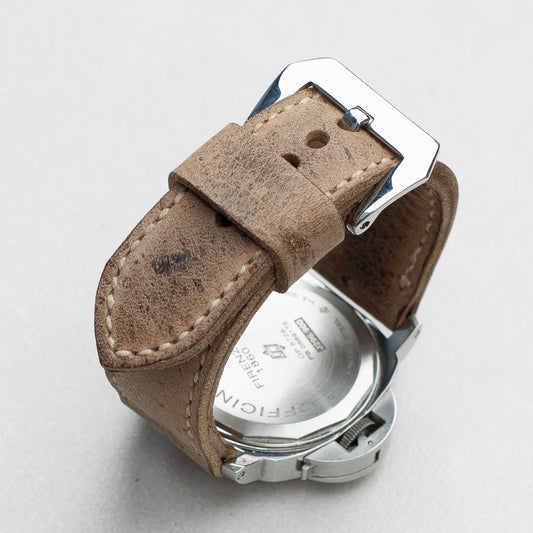 African Kudu leather watch strap with natural stitching and polished steel buckle