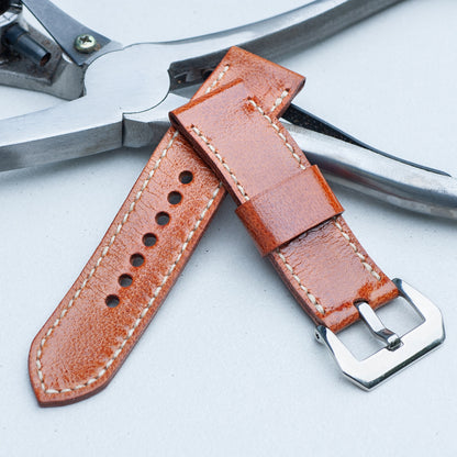 Amalthea leather watch strap with natural stitching and polished steel buckle