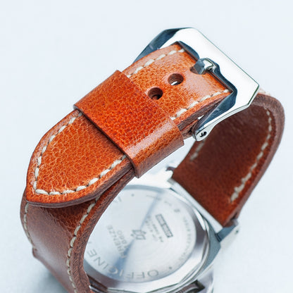 Amalthea leather watch strap with natural stitching and polished steel buckle