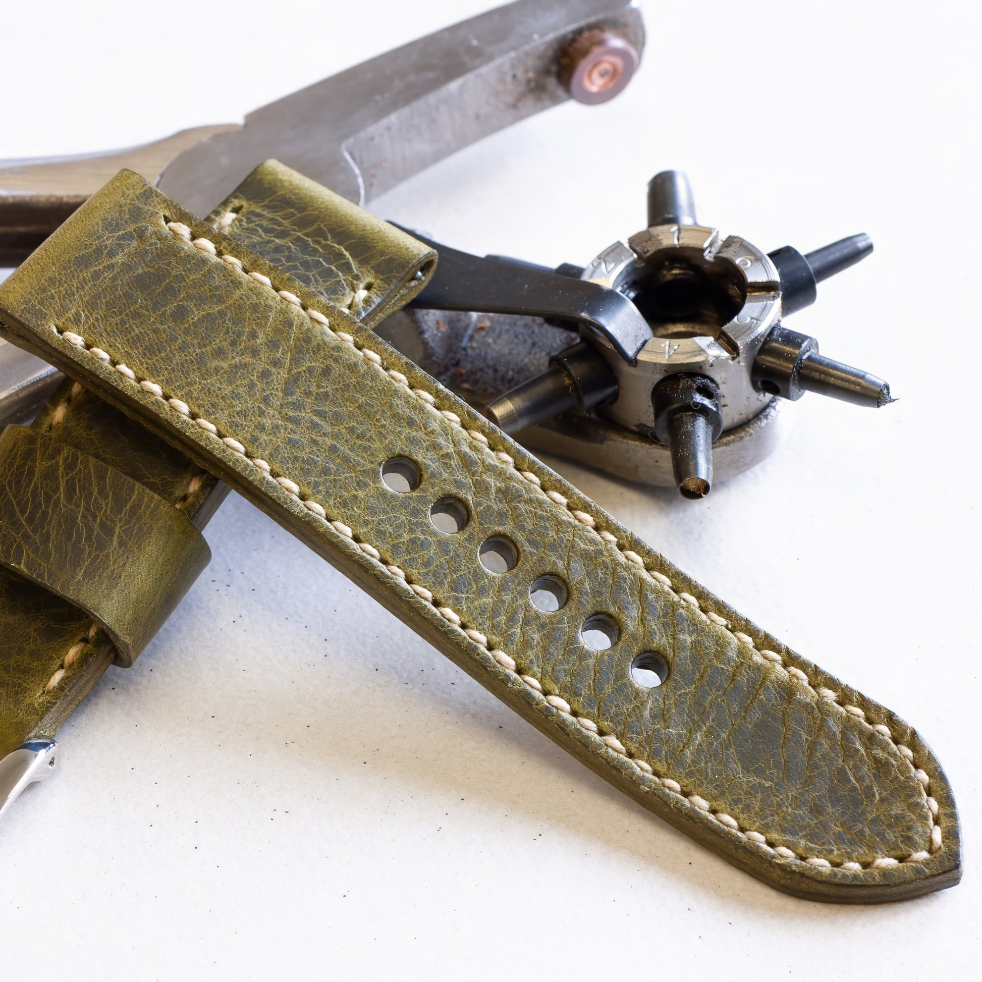 Antique Green leather watch strap with natural stitching and polished steel buckle