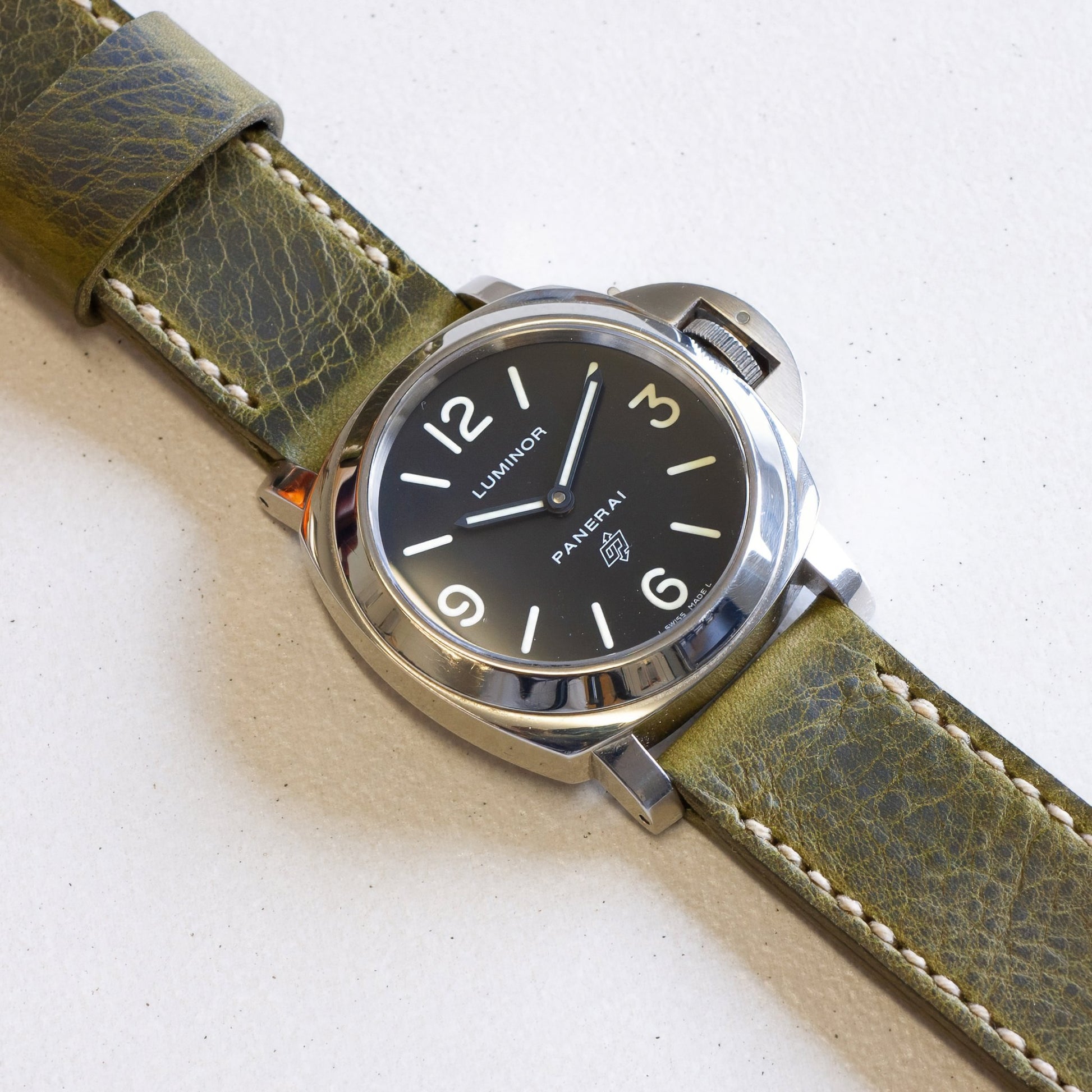 Panerai Luminor Zero on Antique Green leather strap with natural stitching