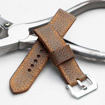 Badlands leather watch strap with butterscotch stitching and polished steel buckle