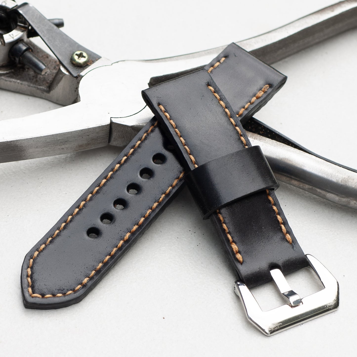 Black Shell Cordovan leather watch strap with butterscotch stitching and polished steel buckle
