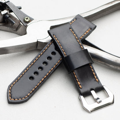 Black Shell Cordovan leather watch strap with butterscotch stitching and polished steel buckle