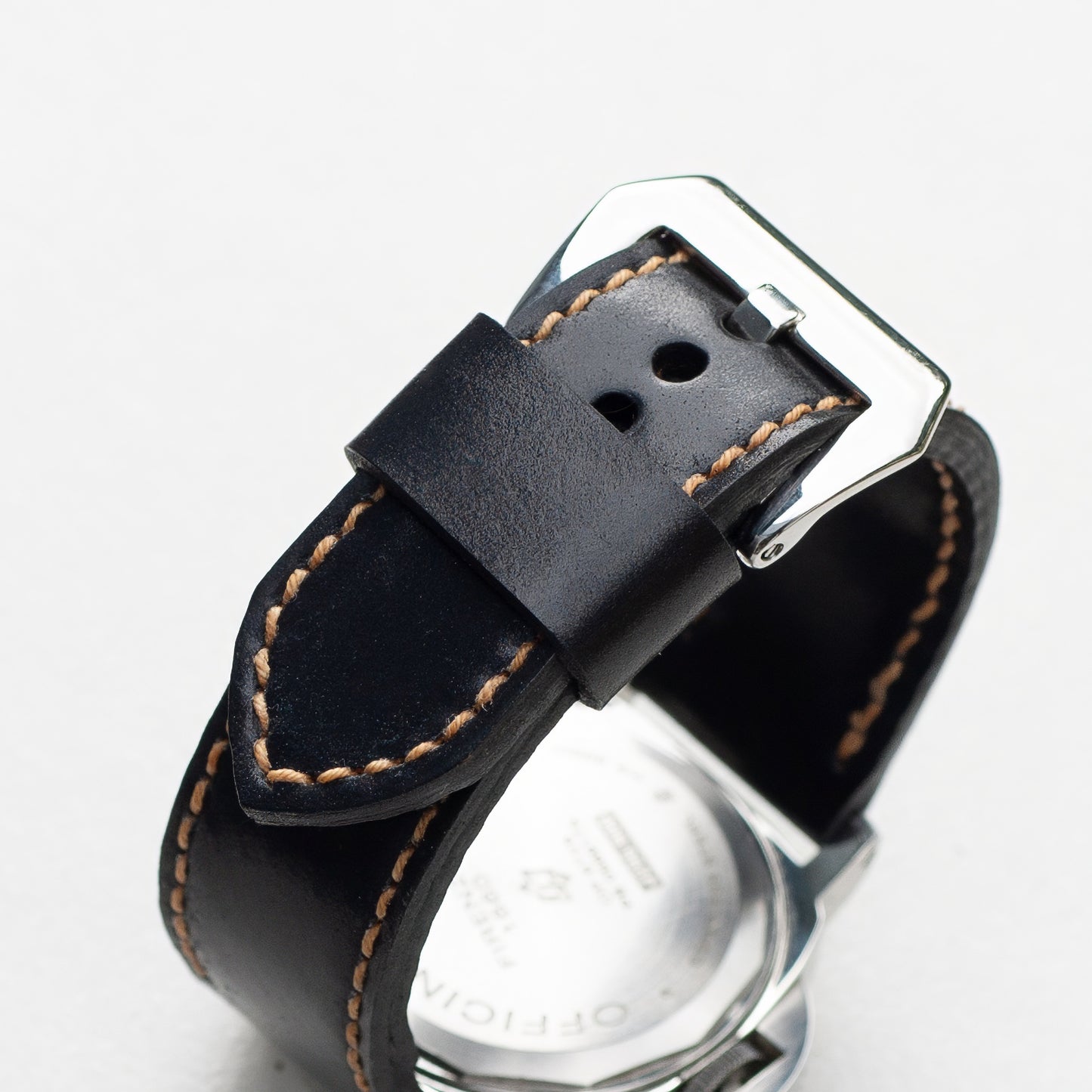 Black Shell Cordovan leather watch strap with butterscotch stitching and polished steel buckle