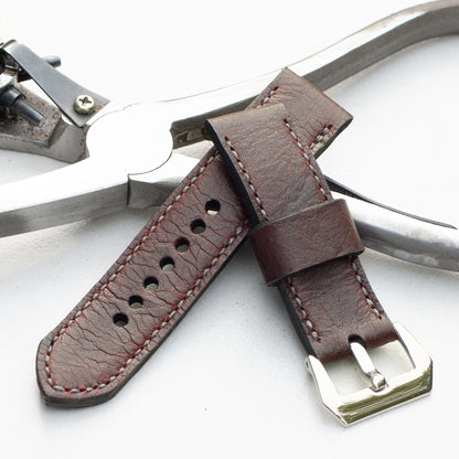 Bramble leather watch strap with grey stitching and polished steel buckle