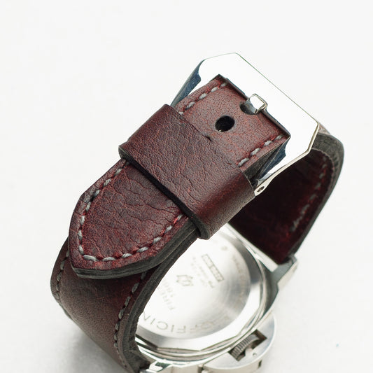Bramble leather watch strap with grey stitching and polished steel buckle