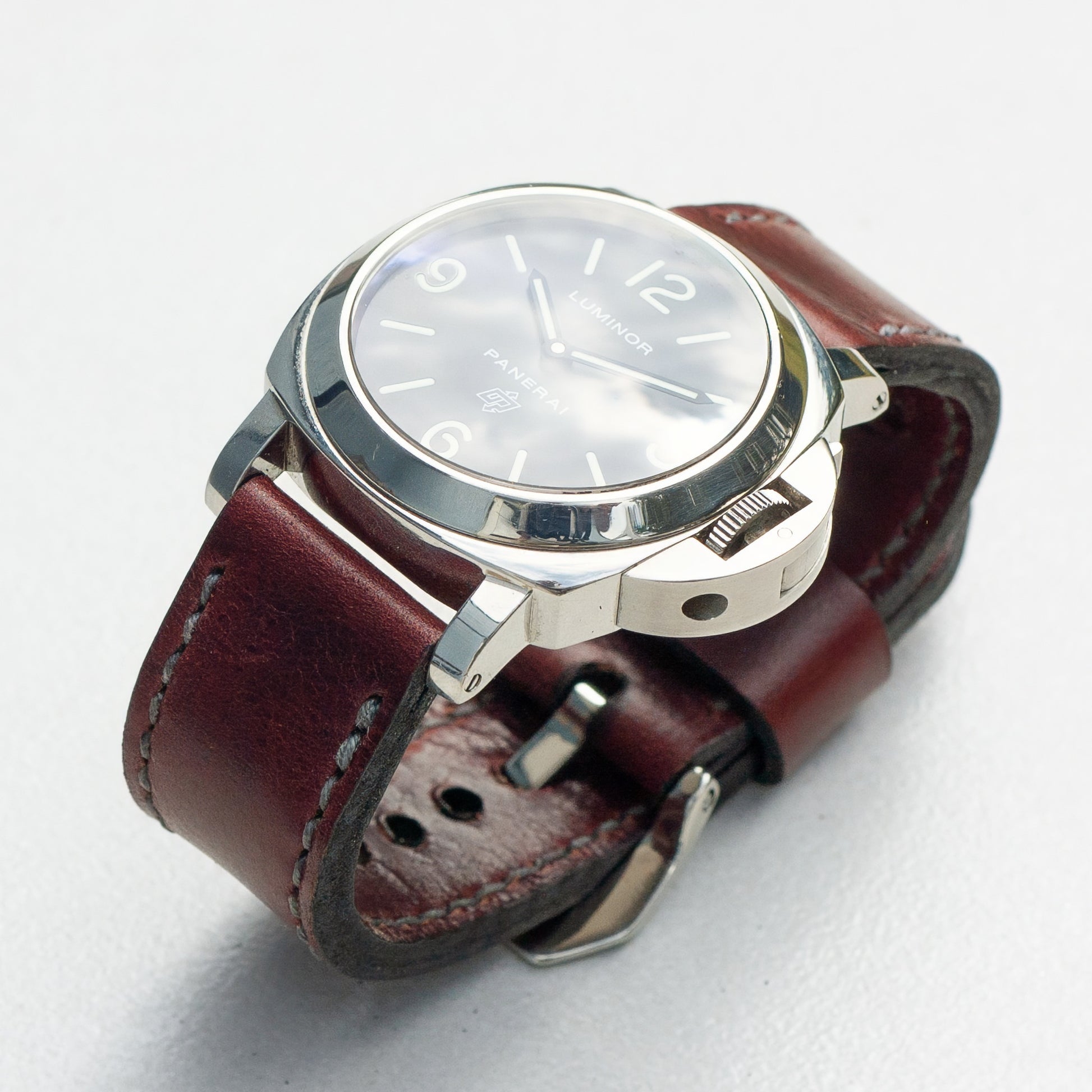 Panerai Luminor Zero on Burgundy leather strap with grey stitching
