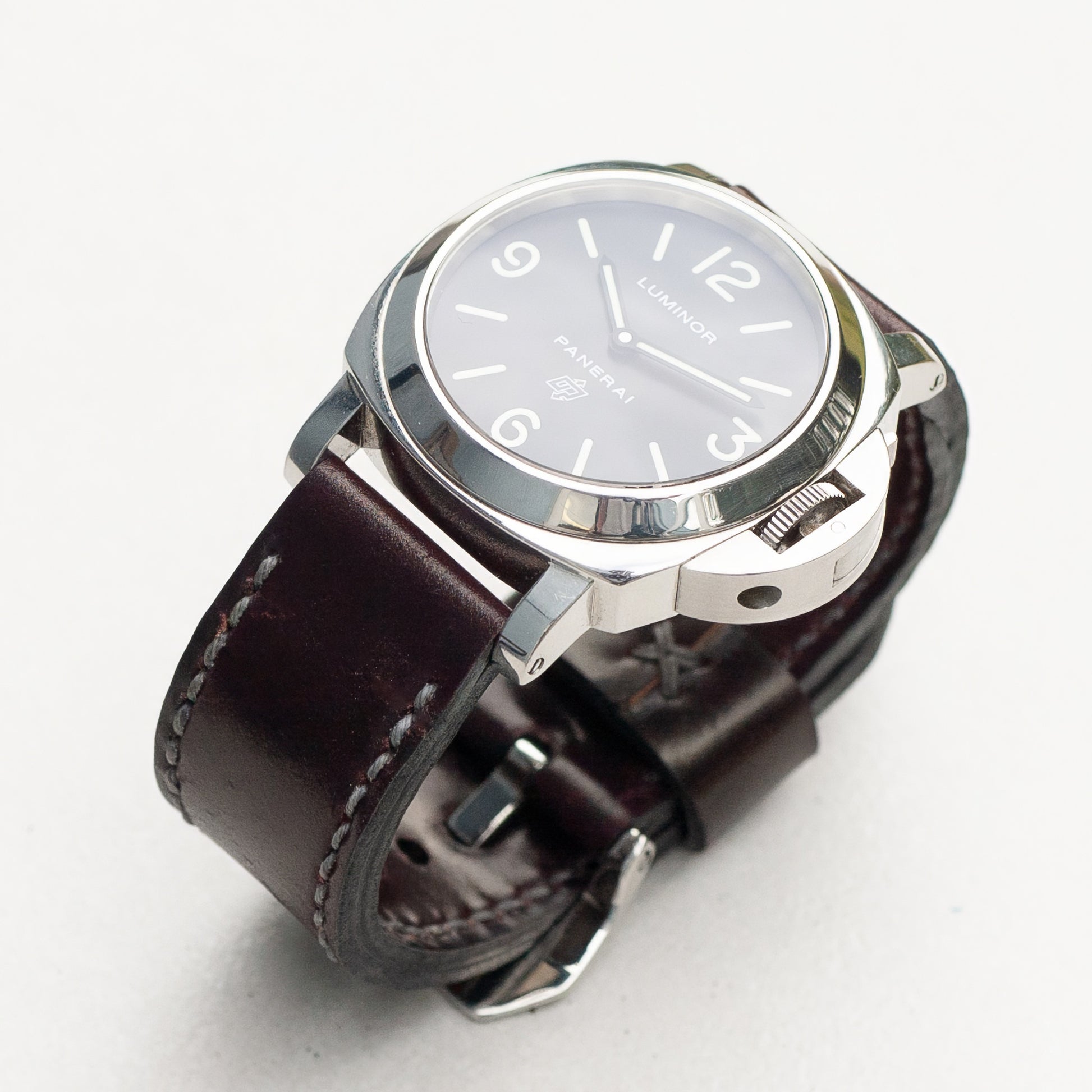 Panerai Luminor Zero on Burgundy Shell Cordovan leather strap with grey stitching