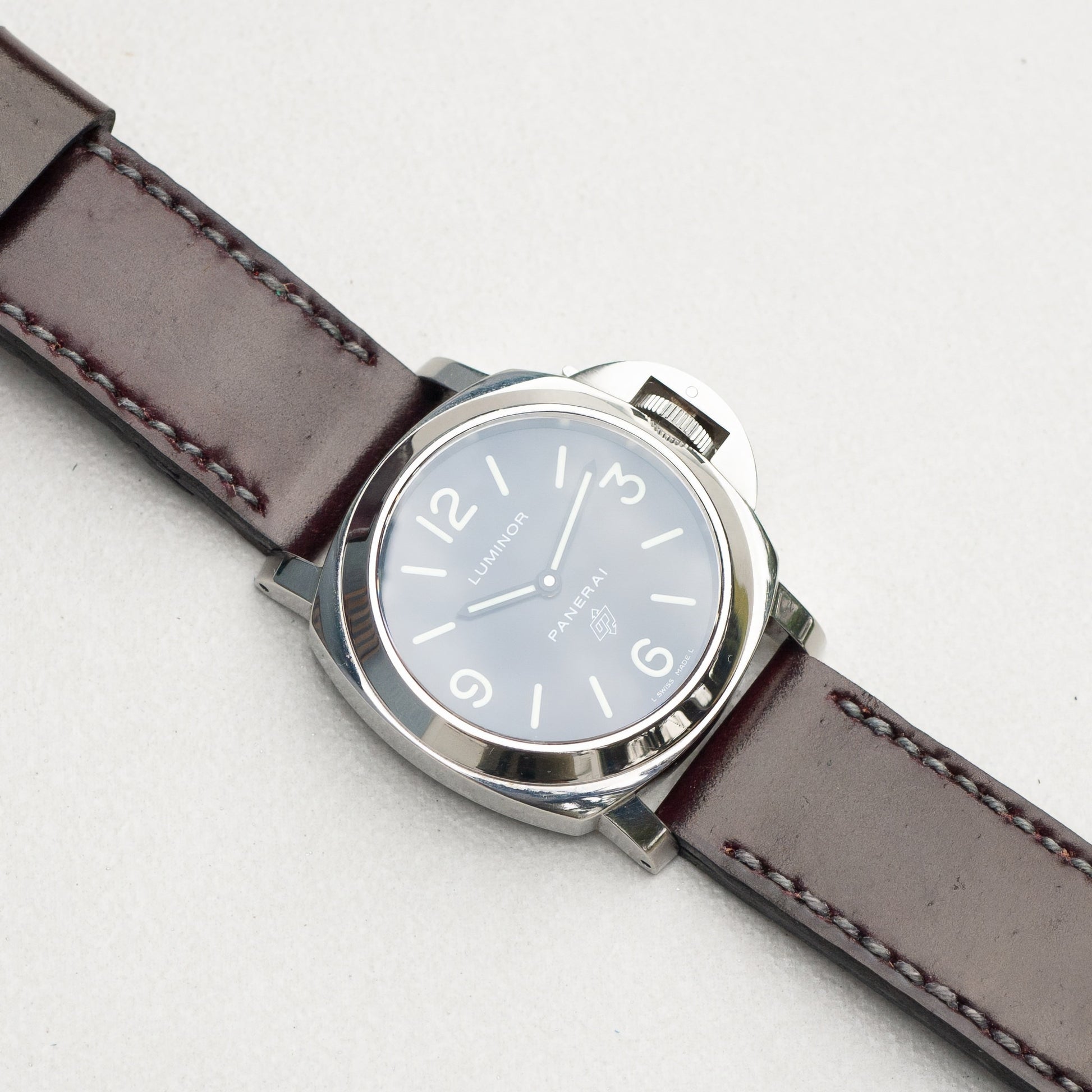 Panerai Luminor Zero on Burgundy Shell Cordovan leather strap with grey stitching