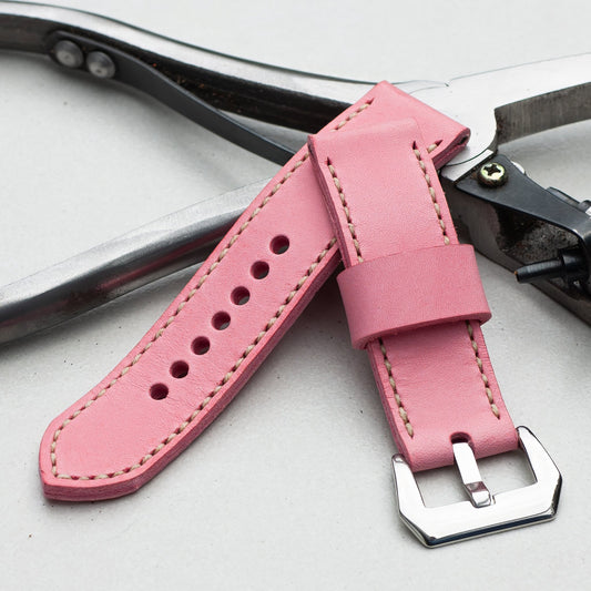 Candy leather watch strap with natural stitching and polished steel buckle