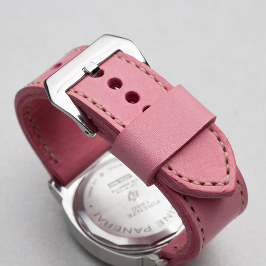 Candy leather watch strap with natural stitching and polished steel buckle