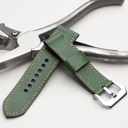 Chartreuse leather watch strap with butterscotch stitching and polished steel buckle