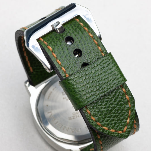 Chartreuse leather watch strap with butterscotch stitching and polished steel buckle