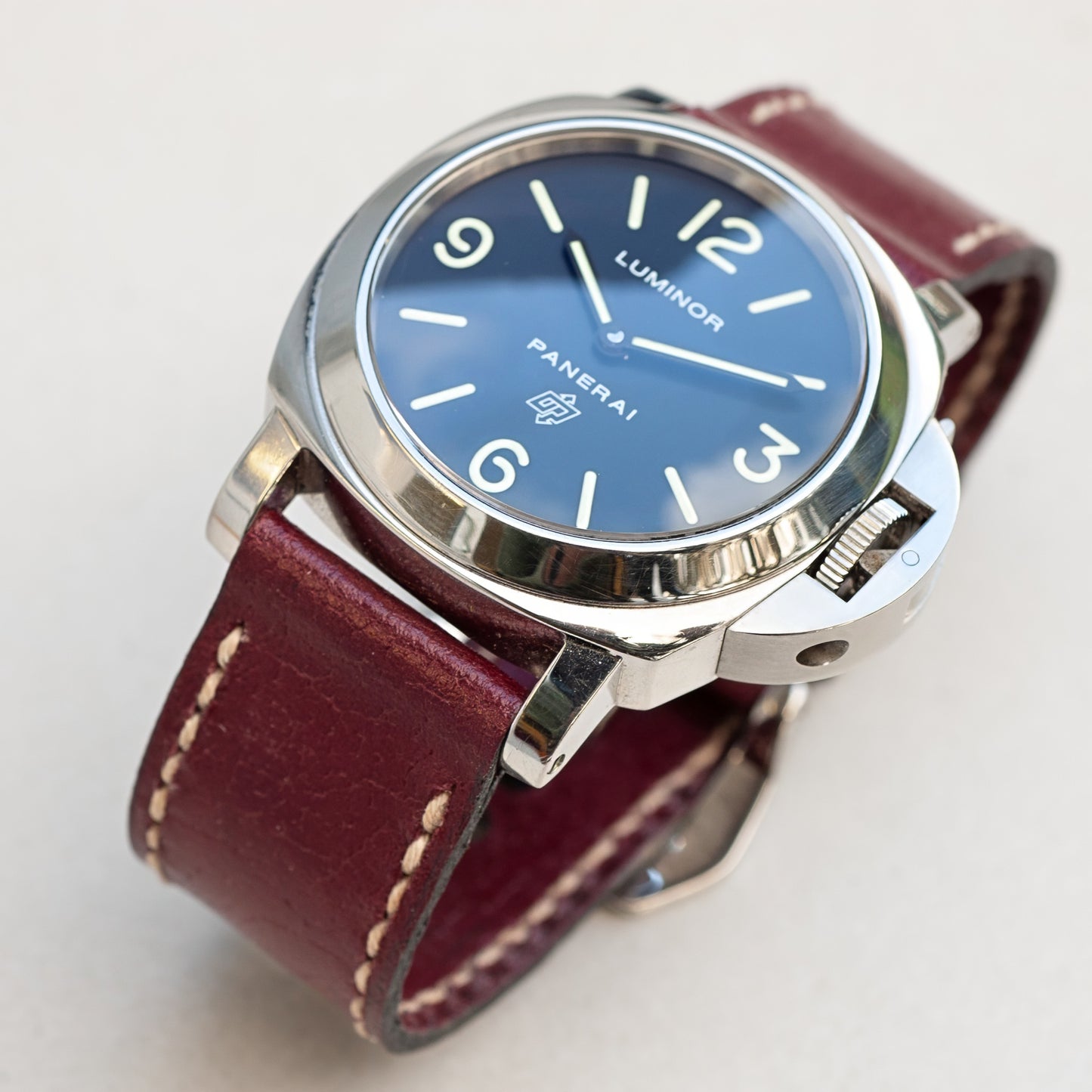 Panerai Luminor Zero on Cherry Bomb leather strap with natural stitching
