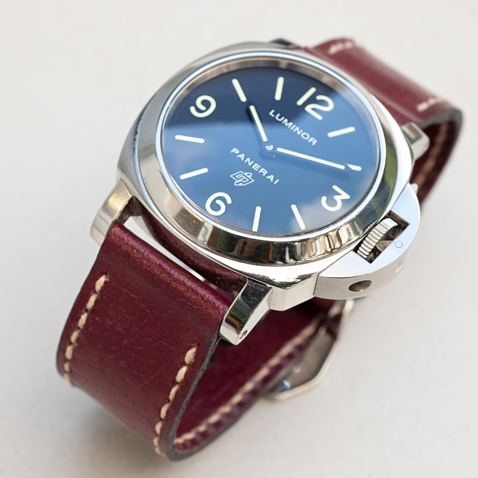 Panerai Luminor Zero on Cherry Bomb leather strap with natural stitching