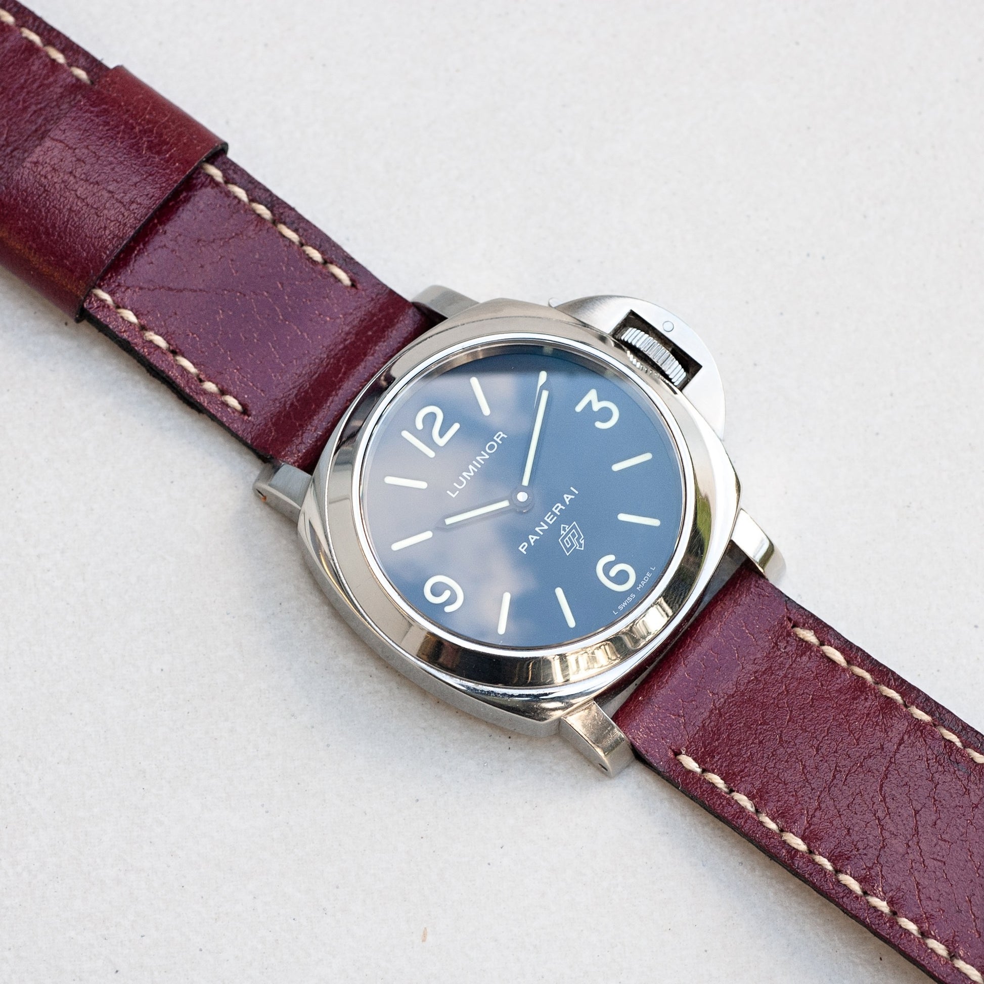 Panerai Luminor Zero on Cherry Bomb leather strap with natural stitching