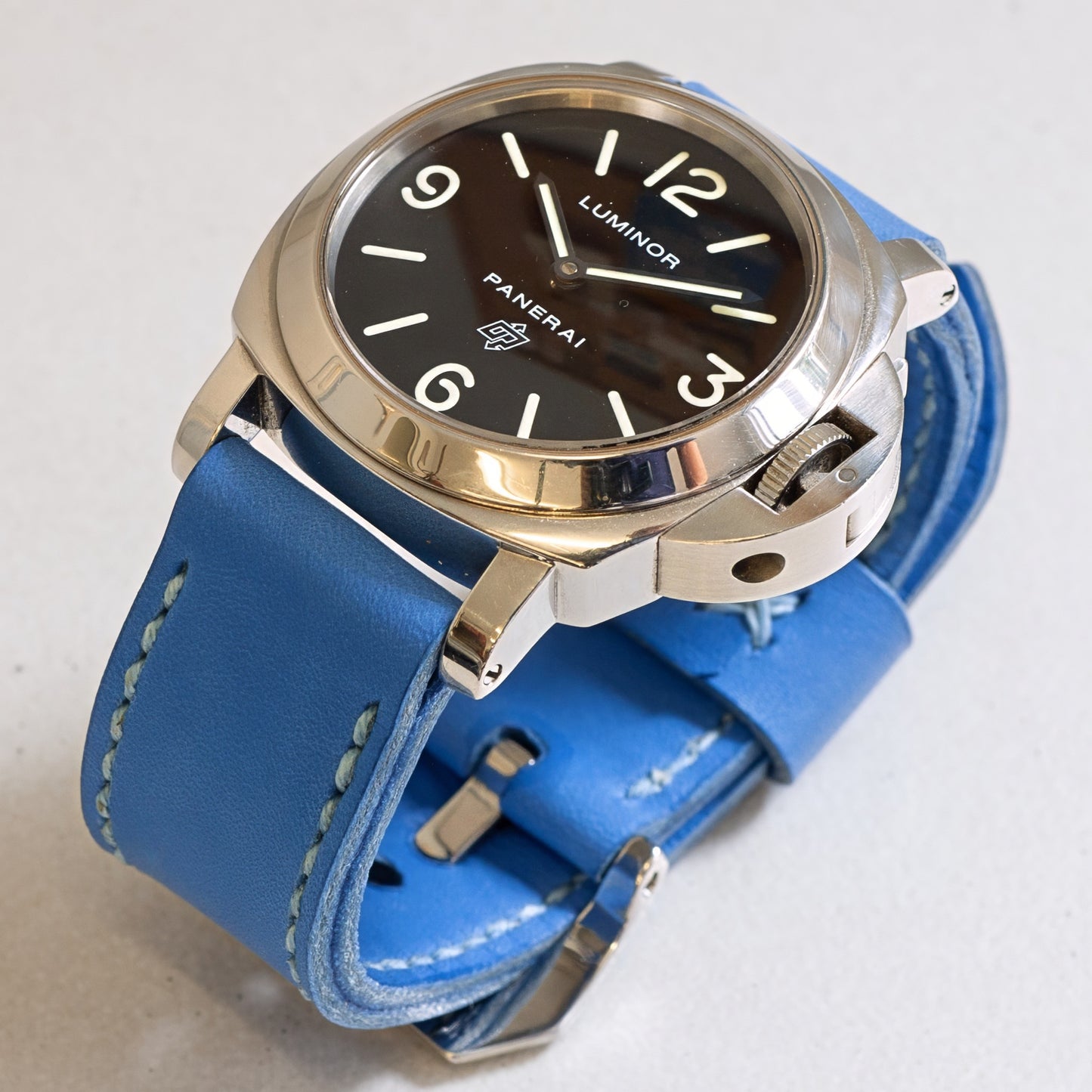 Panerai Luminor Zero on Cobalt Blue leather strap with pale blue stitching