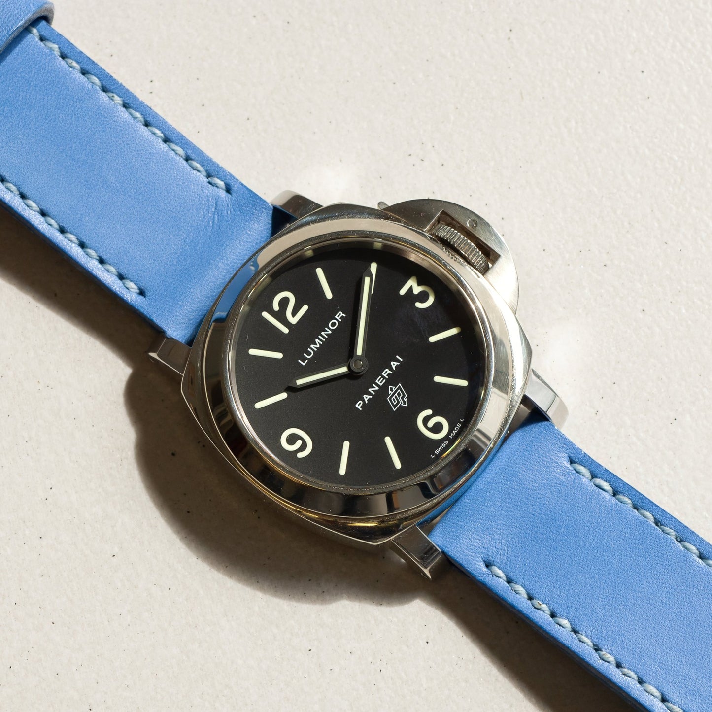 Panerai Luminor Zero on Cobalt Blue leather strap with pale blue stitching