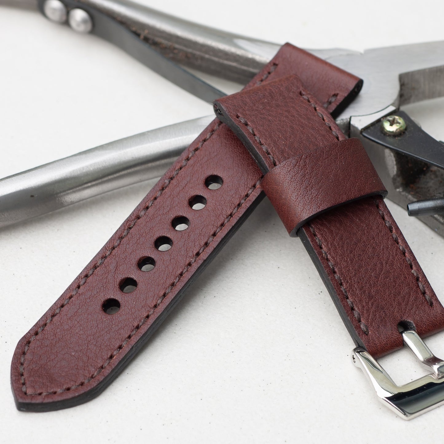 Dark Chocolate leather watch strap with dark brown stitching and polished steel buckle