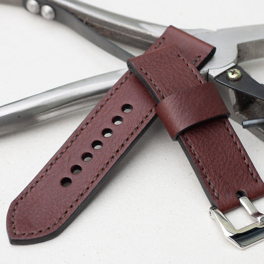 Dark Chocolate leather watch strap with dark brown stitching and polished steel buckle