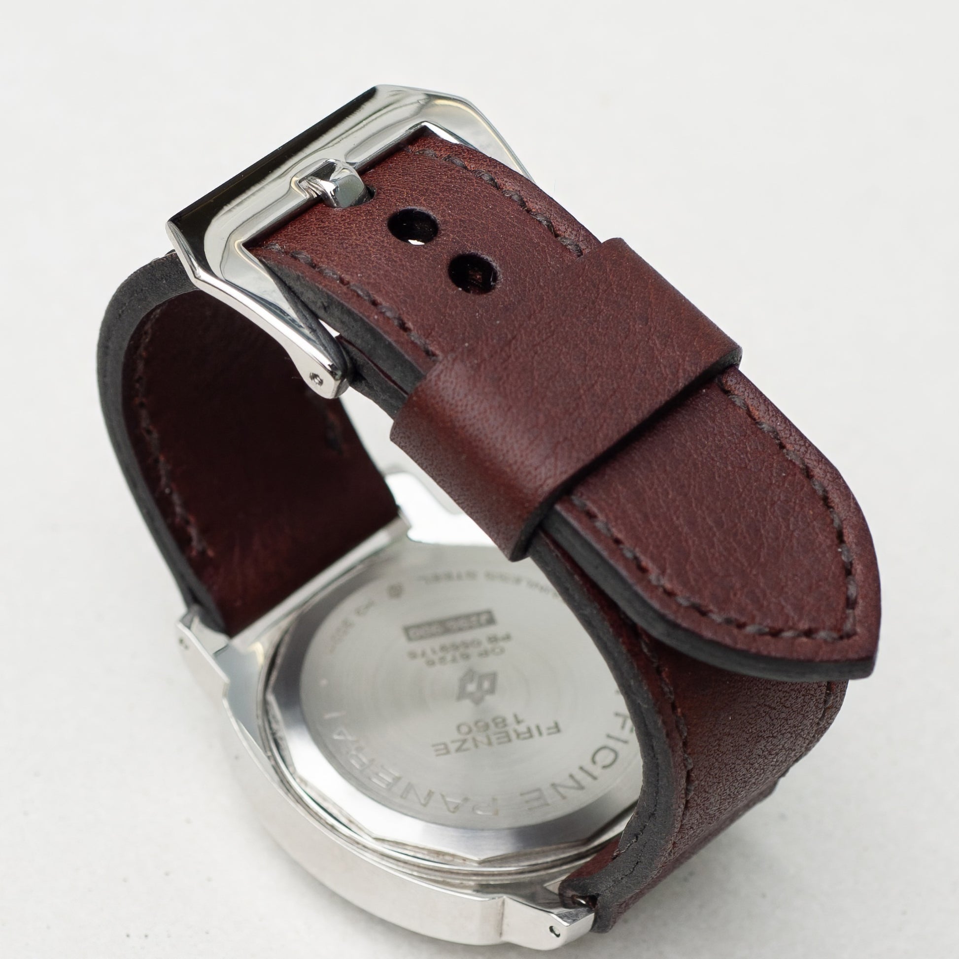 Dark Chocolate leather watch strap with dark brown stitching and polished steel buckle