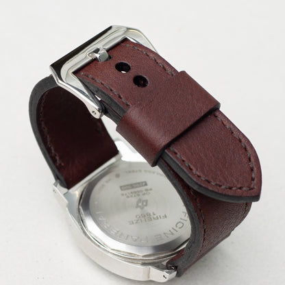 Dark Chocolate leather watch strap with dark brown stitching and polished steel buckle