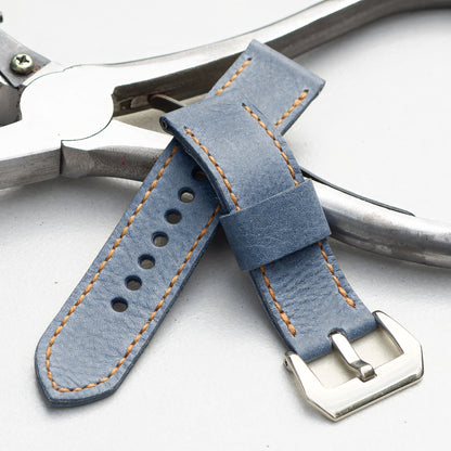 Denim leather watch strap with butterscotch stitching and polished steel buckle