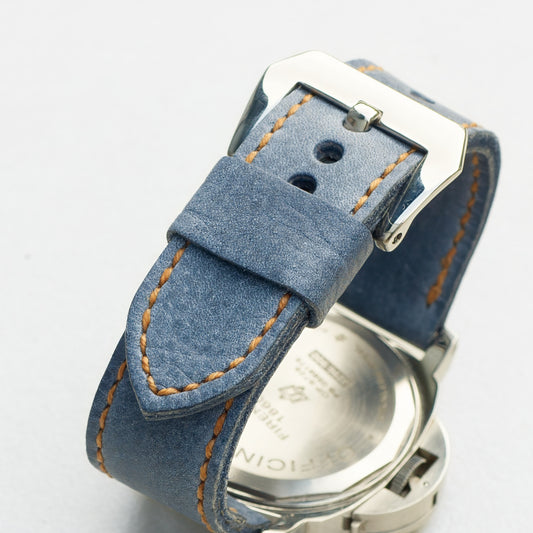 Denim leather watch strap with butterscotch stitching and polished steel buckle