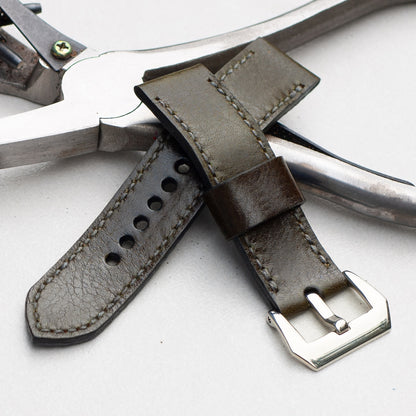 Forest Green leather watch strap with grey stitching and polished steel buckle