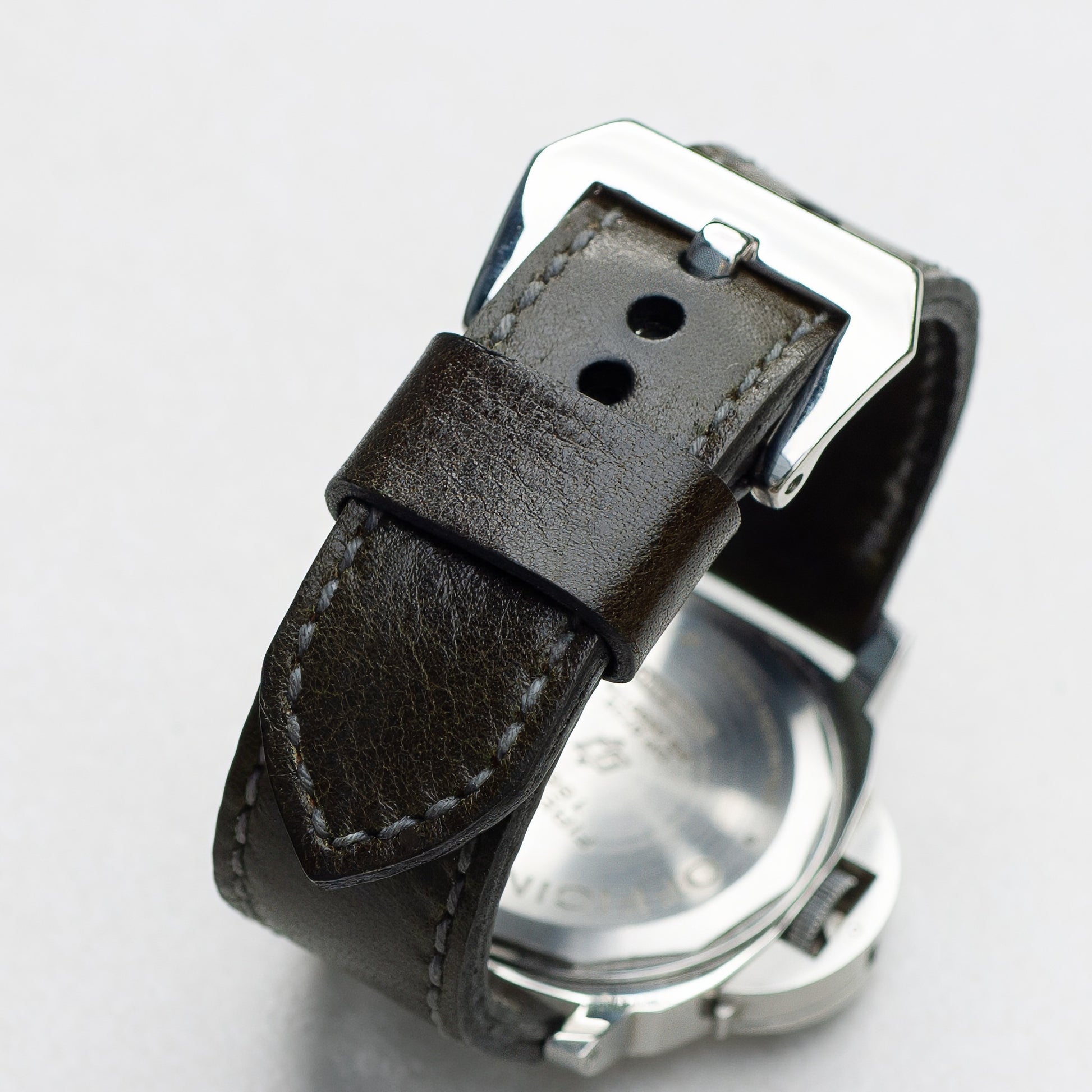 Forest Green leather watch strap with grey stitching and polished steel buckle