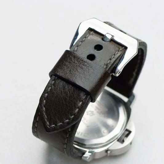 Forest Green leather watch strap with grey stitching and polished steel buckle