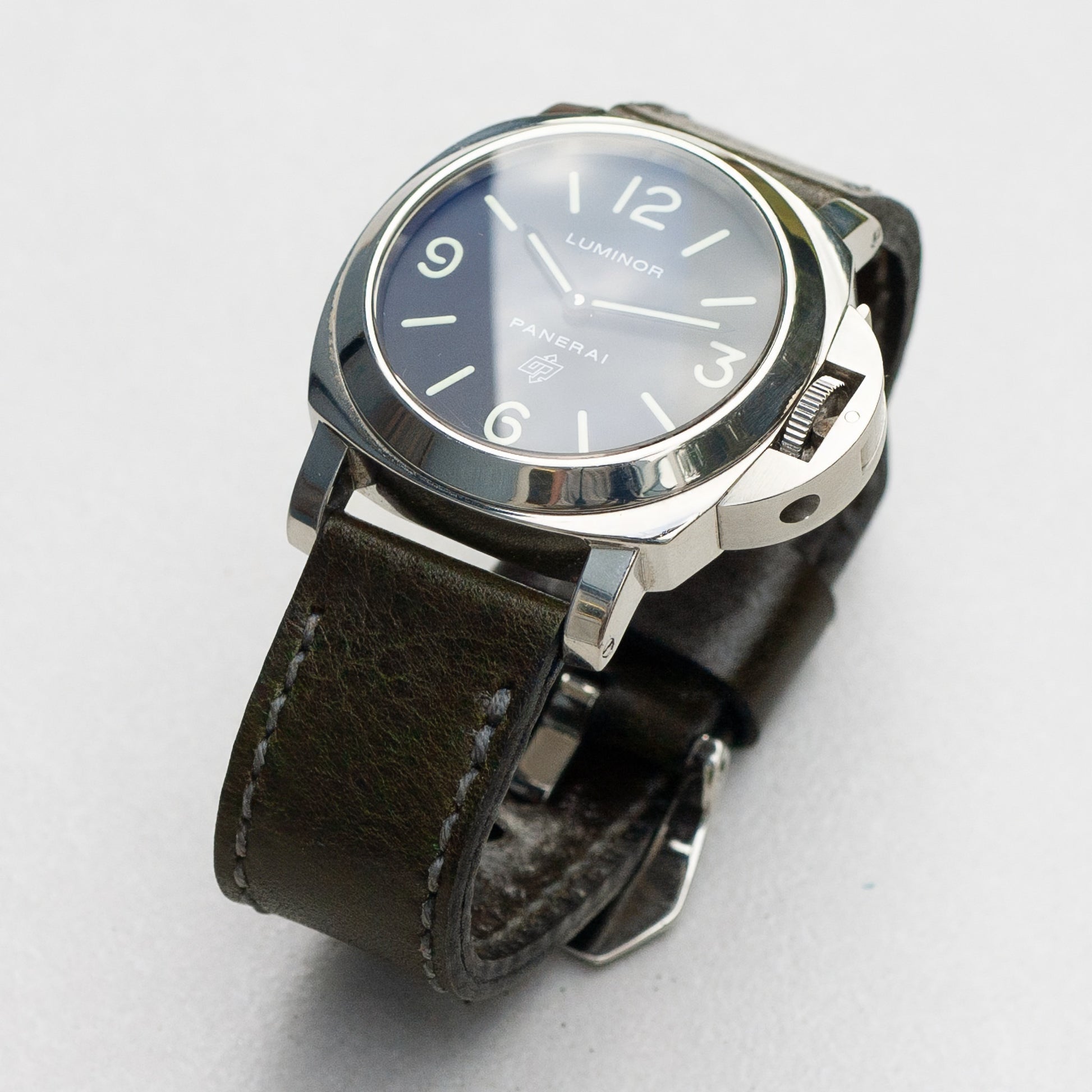 Panerai Luminor Zero on Forest Green leather strap with grey stitching