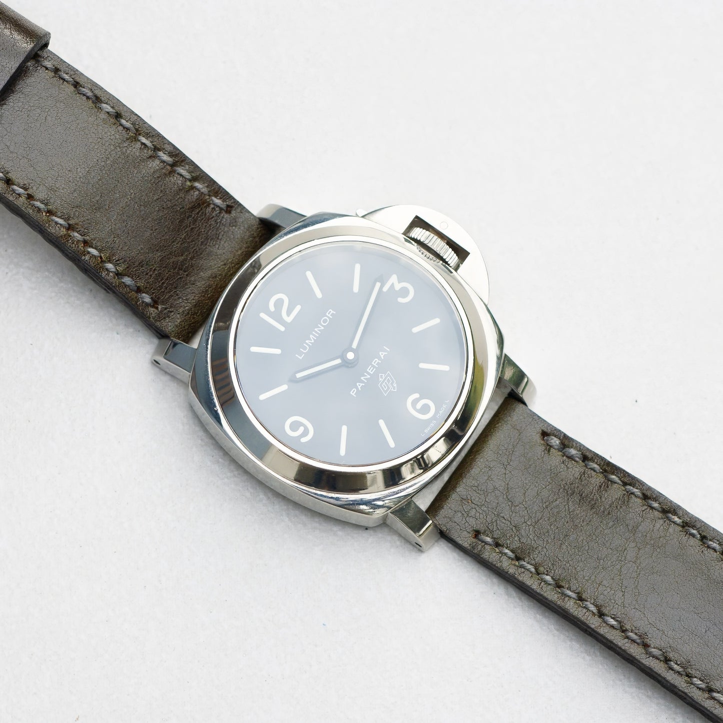 Panerai Luminor Zero on Forest Green leather strap with grey stitching