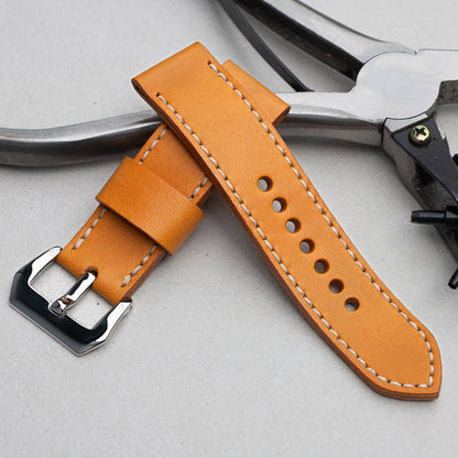 Giallo leather watch strap with natural stitching and polished steel buckle