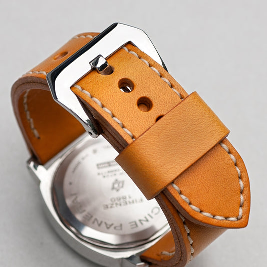 Giallo leather watch strap with natural stitching and polished steel buckle