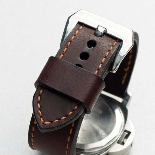 Havana leather watch strap with butterscotch stitching and polished steel buckle