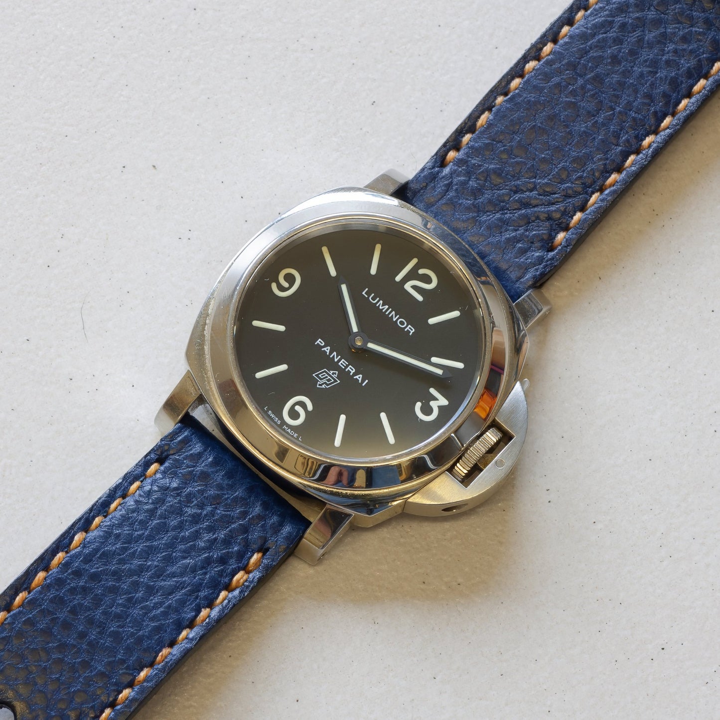 Panerai Luminor Zero on Indigo leather strap with butterscotch stitching