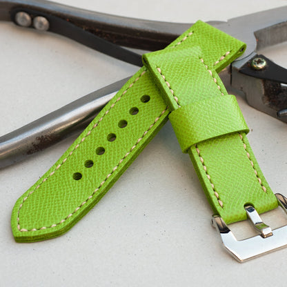Kiwi leather watch strap with natural stitching and polished steel buckle