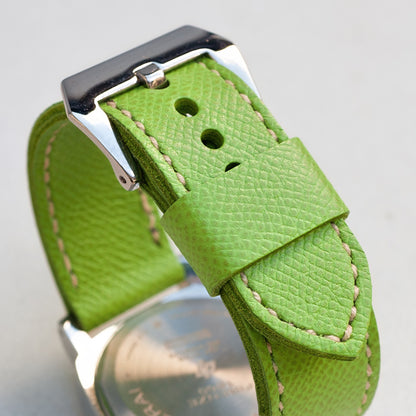 Kiwi leather watch strap with natural stitching and polished steel buckle