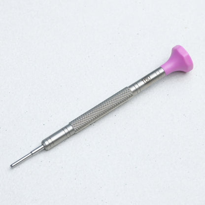 A precision screwdriver with a textured silver metal handle and a bright pink plastic tip, shown on a light gray background.