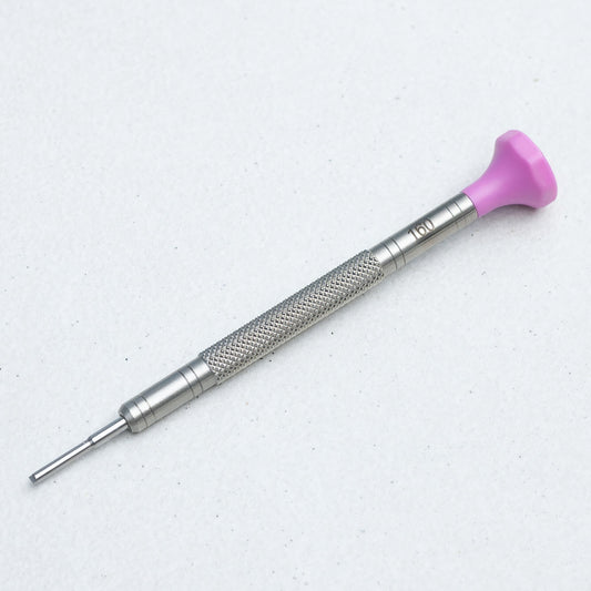 A precision screwdriver with a textured silver metal handle and a bright pink plastic tip, shown on a light gray background.