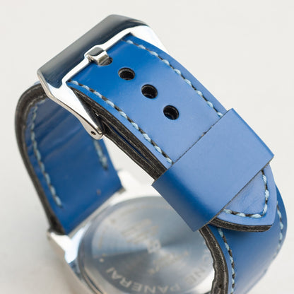 Marlin leather watch strap with pale blue stitching and polished steel buckle