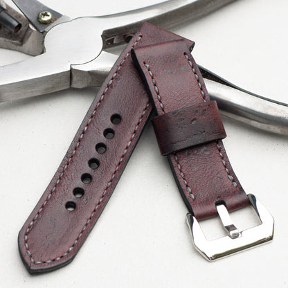 Merlot Kudu leather watch strap with grey stitching and polished steel buckle